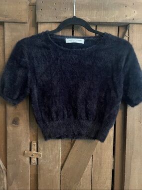 Amanda Uprichard Black Fuzzy Cropped Short Sleeve Top